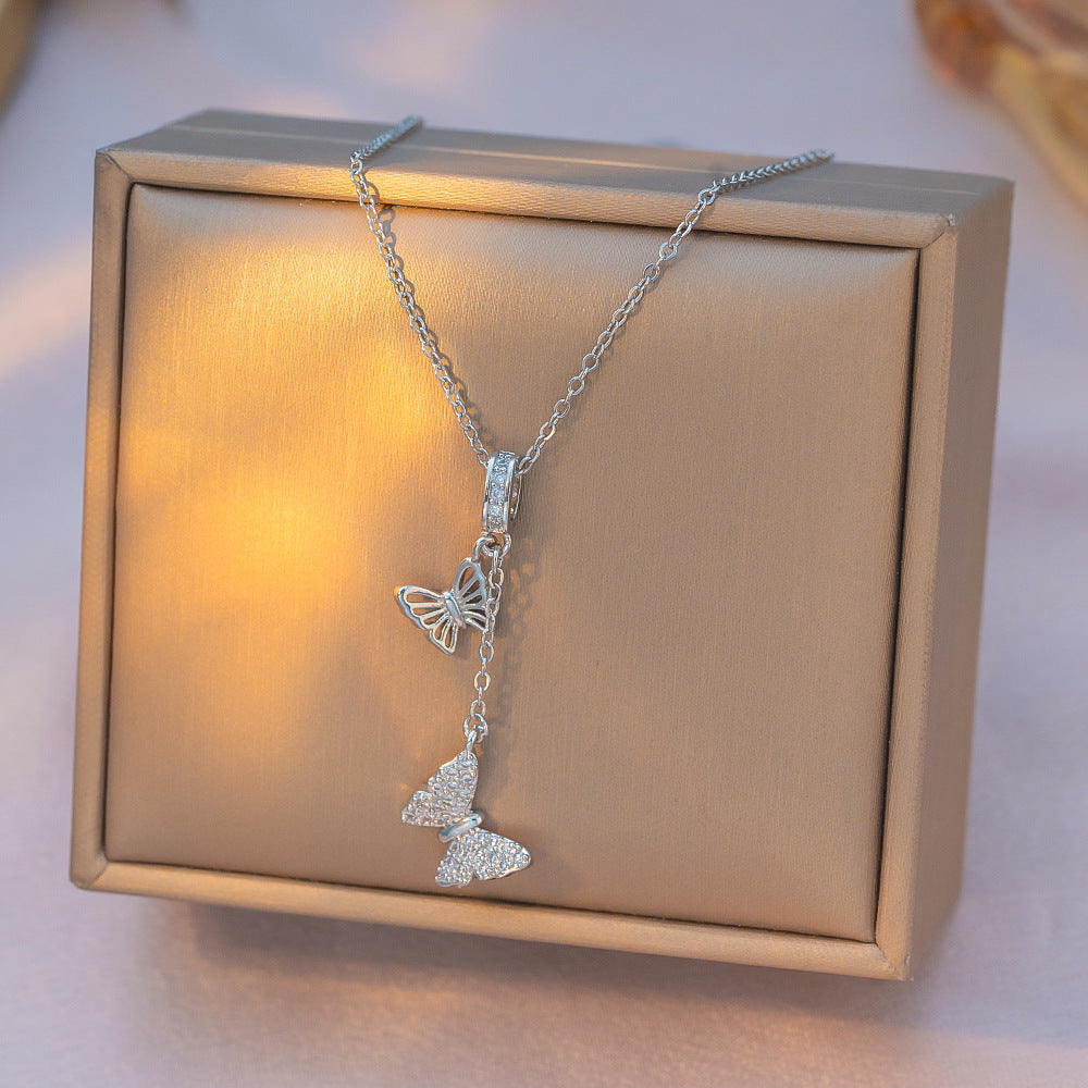 Japanese And Korean-style Light Luxury Full Rhinestone Tassel Butterfly Micro-inlaid Necklace