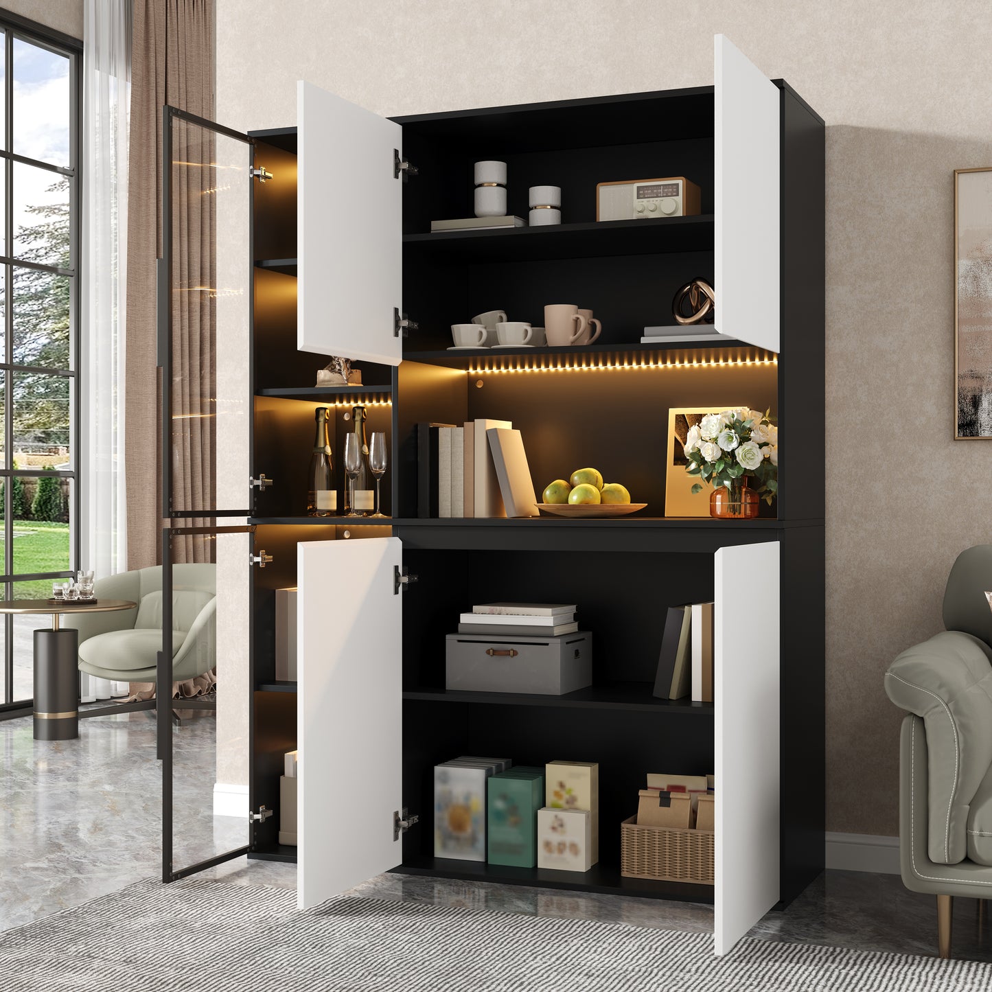 Tall Cabinet, Display Cabinet, Highboard, Sideboard, Black And White Look, Glass Elements, Integrated LED Lights, MDF Body, Spacious Storage Space, Dining Room Cabinet, Living Room Cabinet