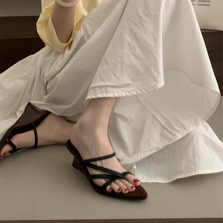 French Resort Roman Style Two-way Wear Sandals, Pointed Toe Golden Thin Strap Wedge Heel Women's Outdoor Summer Slides