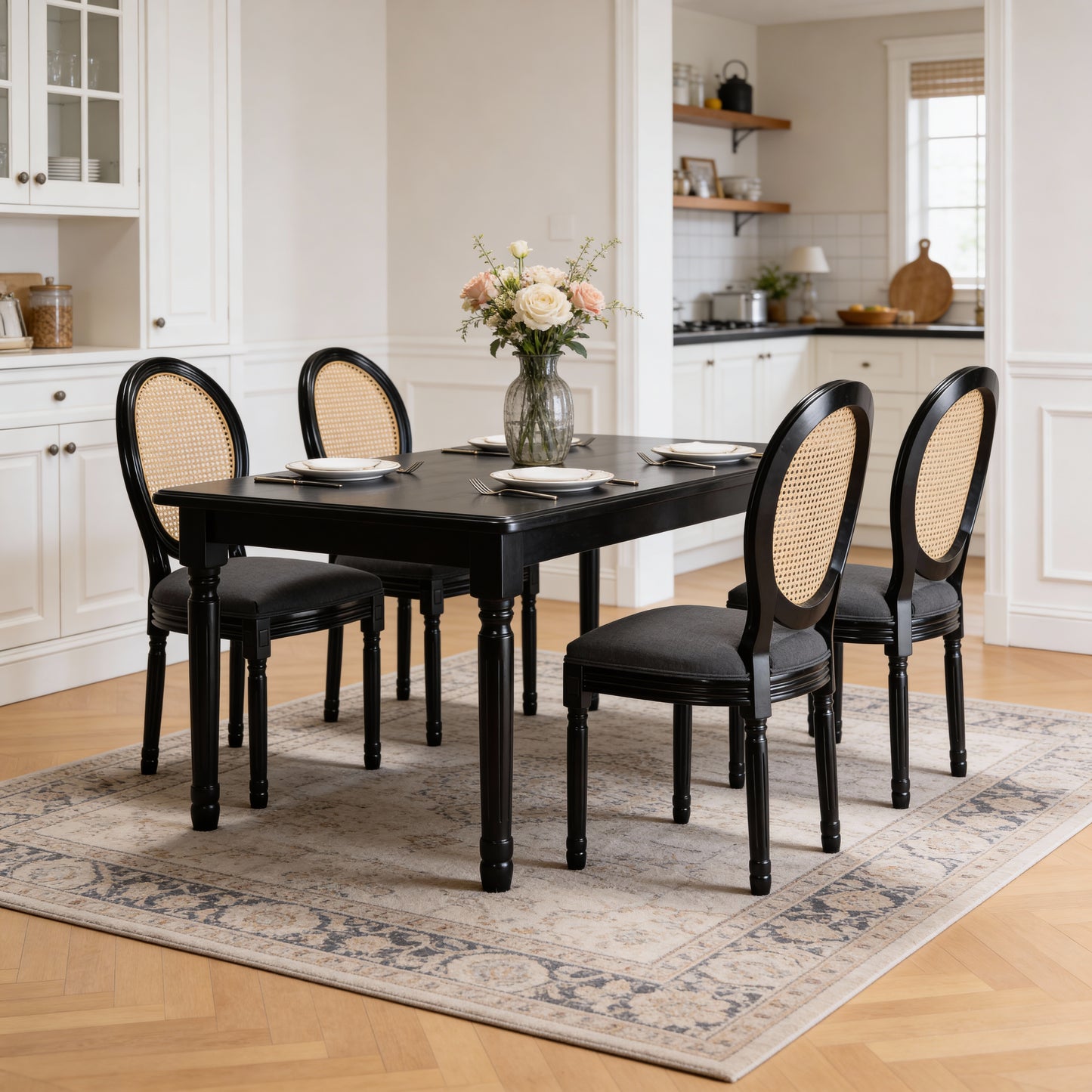 French Country Dining Chairs Set Of 2, Upholstered Chairs With Rattan Round Back, For Living Room, Kitchen , Restaurant Use, Black Solid Wood  Frame, Dark Grey Fabric