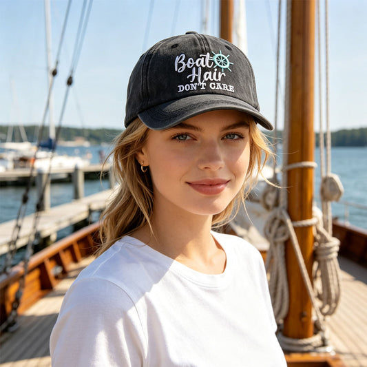 Boat Hair Don't Care Embroidered Baseball Cap, Vintage Washed Distressed Cotton Hat With Ship Wheel Embroidery For Women Boating Fishing Beach