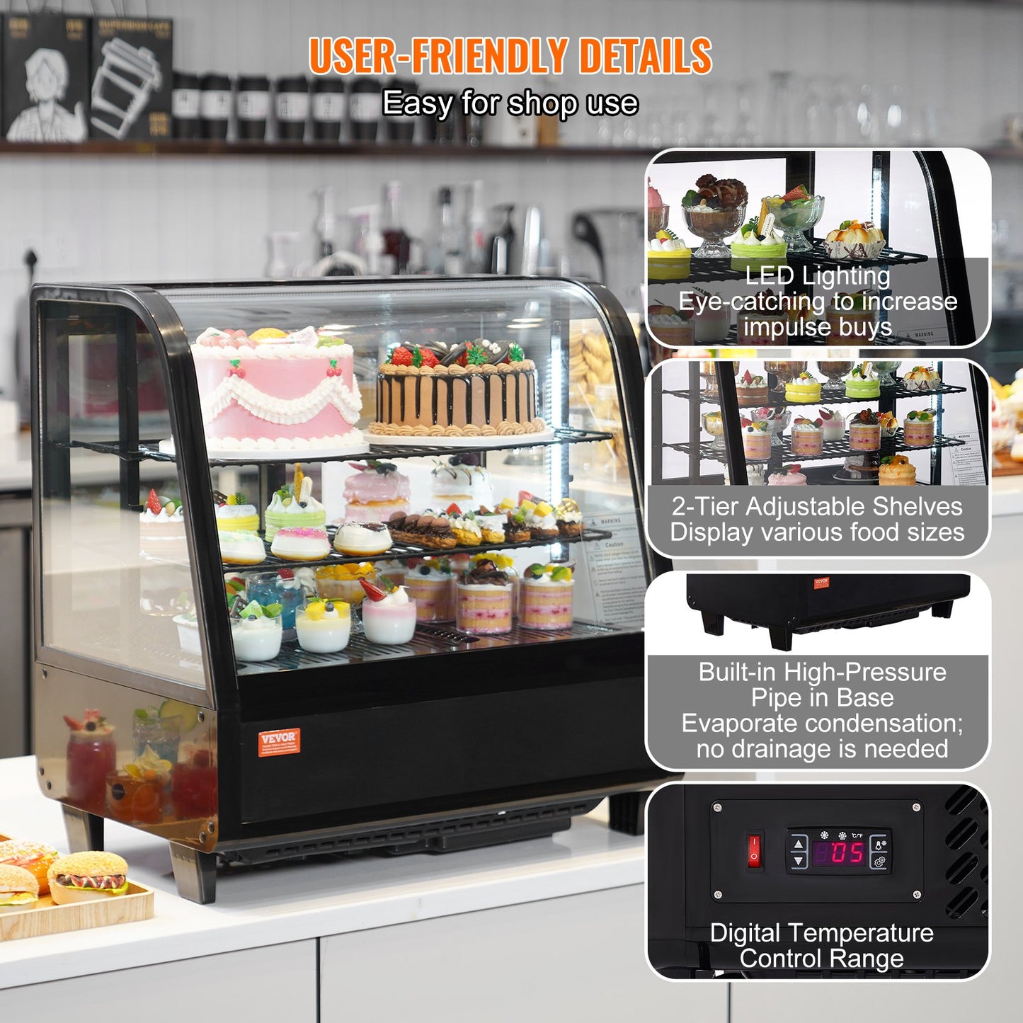 Refrigerated Display Case, 3.5 Cu.Ft./100L, 2-Tier, Countertop Pastry Display Case Commercial Display Refrigerator With LED Lighting, TURBO Cooling, Frost-Free Air-Cooling, Rear Sliding Door