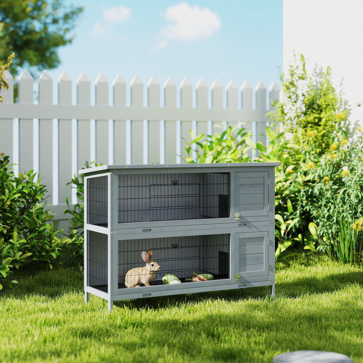 54" 2-Story Large Rabbit Hutch Bunny Cage Wooden Pet House Small Animal Habitat with Lockable Doors, No Leak Tray and waterproof Roof for Rabbits, Chickens, Ducks, Outdoor/Indoor Gray
