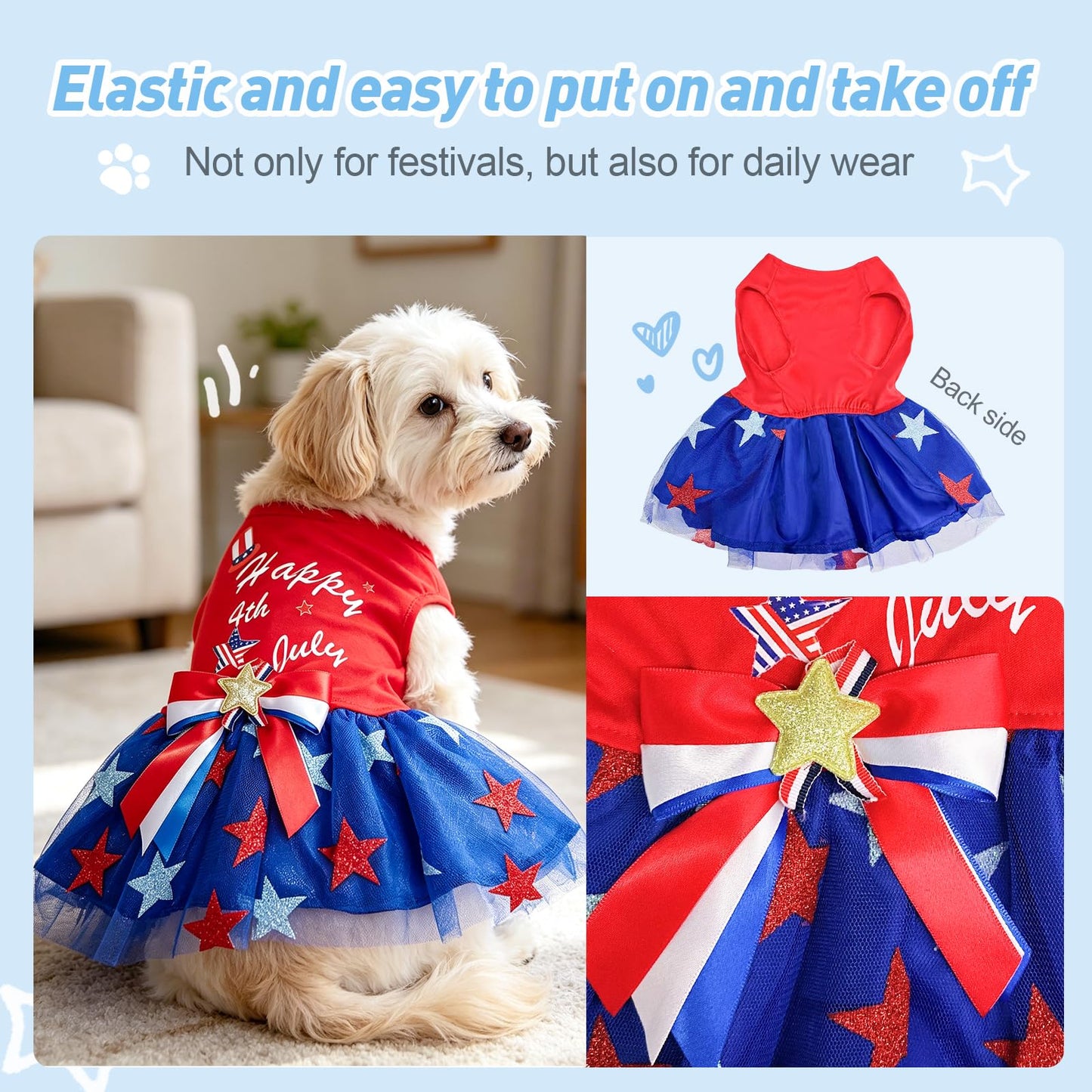 Dog Tulle Dress Independent Day Patriotic Stars Dog Outfit Sparkly Pet Holiday Dress With Bow For Small Dogs Cat Clothes