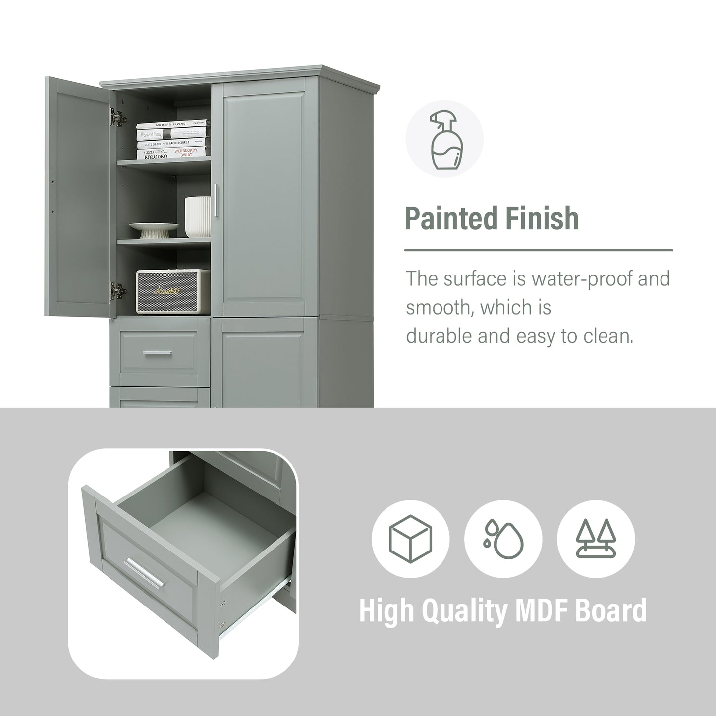 Tall And Wide Storage Cabinet With Doors For Bathroom Office, Three Drawers, Grey Old SKU WF299285AAG N725P331357E