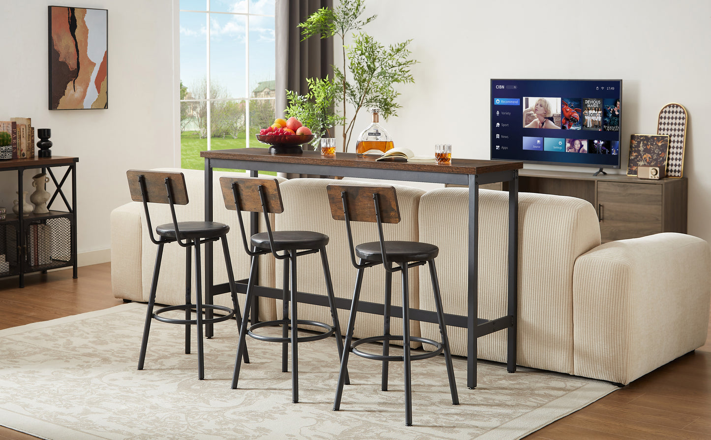 Long Bar Table With 3 PU Upholstered Bar Stools, Industrial Bar Table And Chairs For Kitchen, Breakfast Room, Living Room, Banquet Hall, Rustic Brown And Black