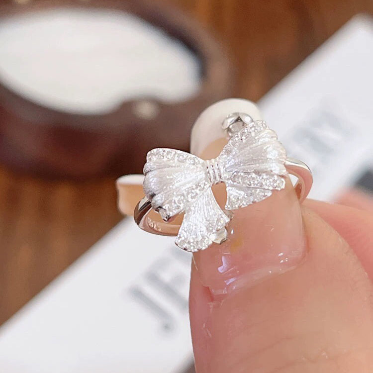 1pcs 990 Sterling Silver Sparkling Bow Statement Ring, Elegant Romantic Style, Ideal For Birthdays & Holiday Gifts