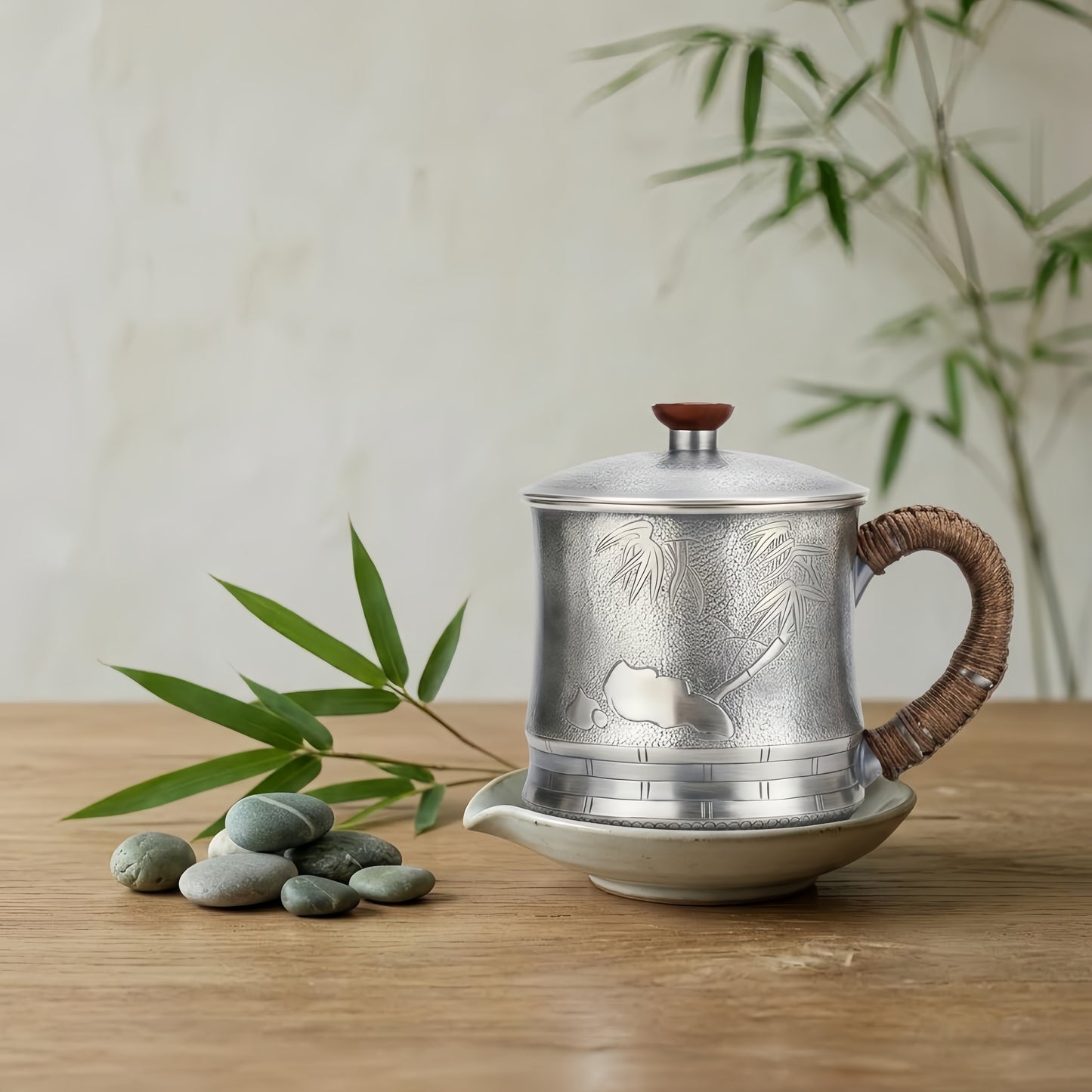 Pure 999 Fine Silver Elegant Metallic Tea Cup with Bamboo Motif and Woven Handle-Premium Tea Mug - Handicraft