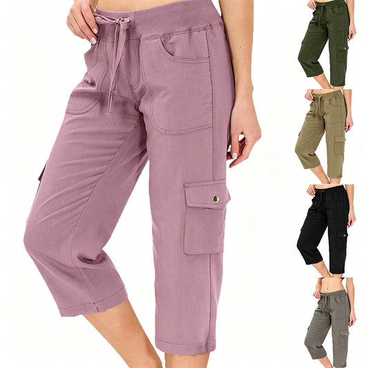 European And American Cross Border Best Selling Casual Lace Up Elastic Waist 7 8 Length Workwear Style Loose Fit Hiking Pants