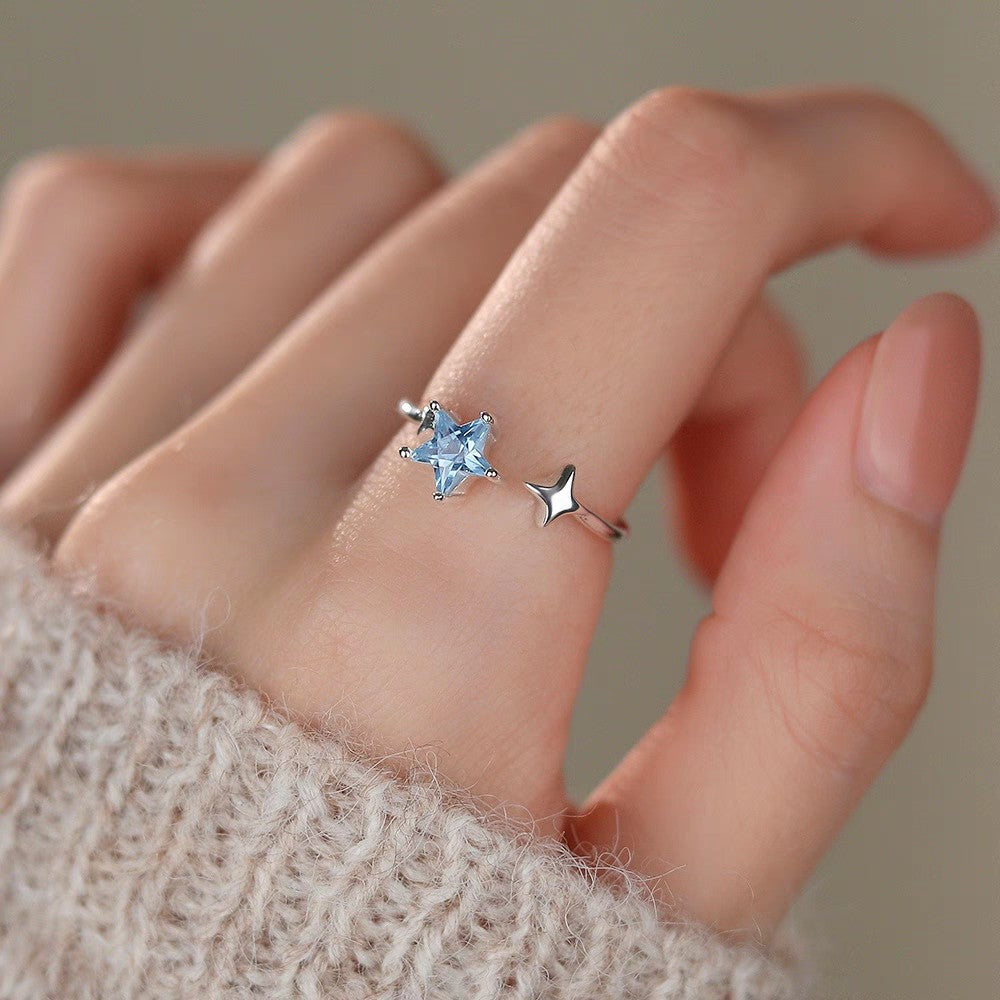 1pc 999 Sterling Silver Blue Zircon Star Open Ring, Fresh & Elegant Style, Perfect For Daily Wear & Valentine's Day Gift