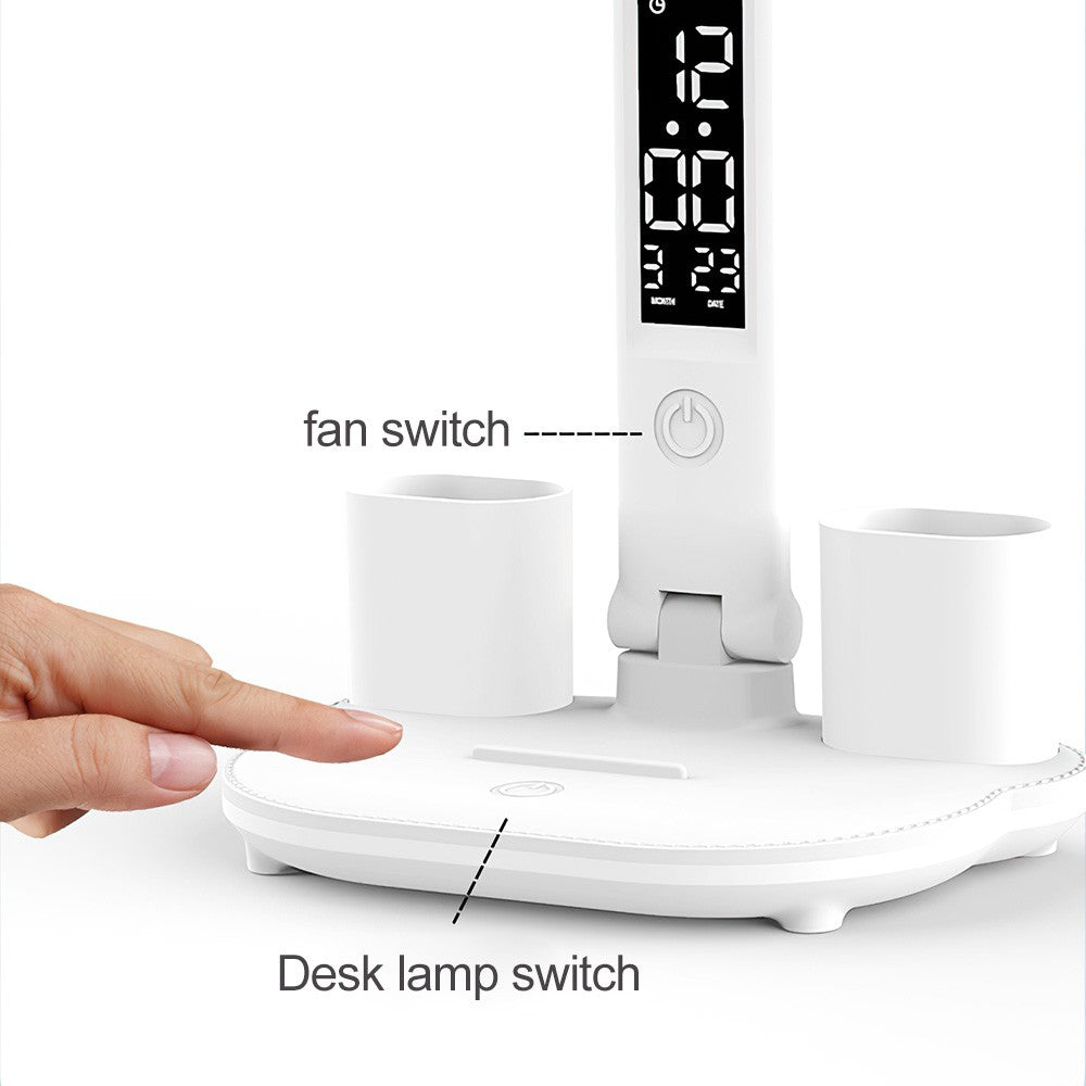 4-Head LED Desk Reading Lamp With Fan Clock Dimmable Rechargeable Touch Light