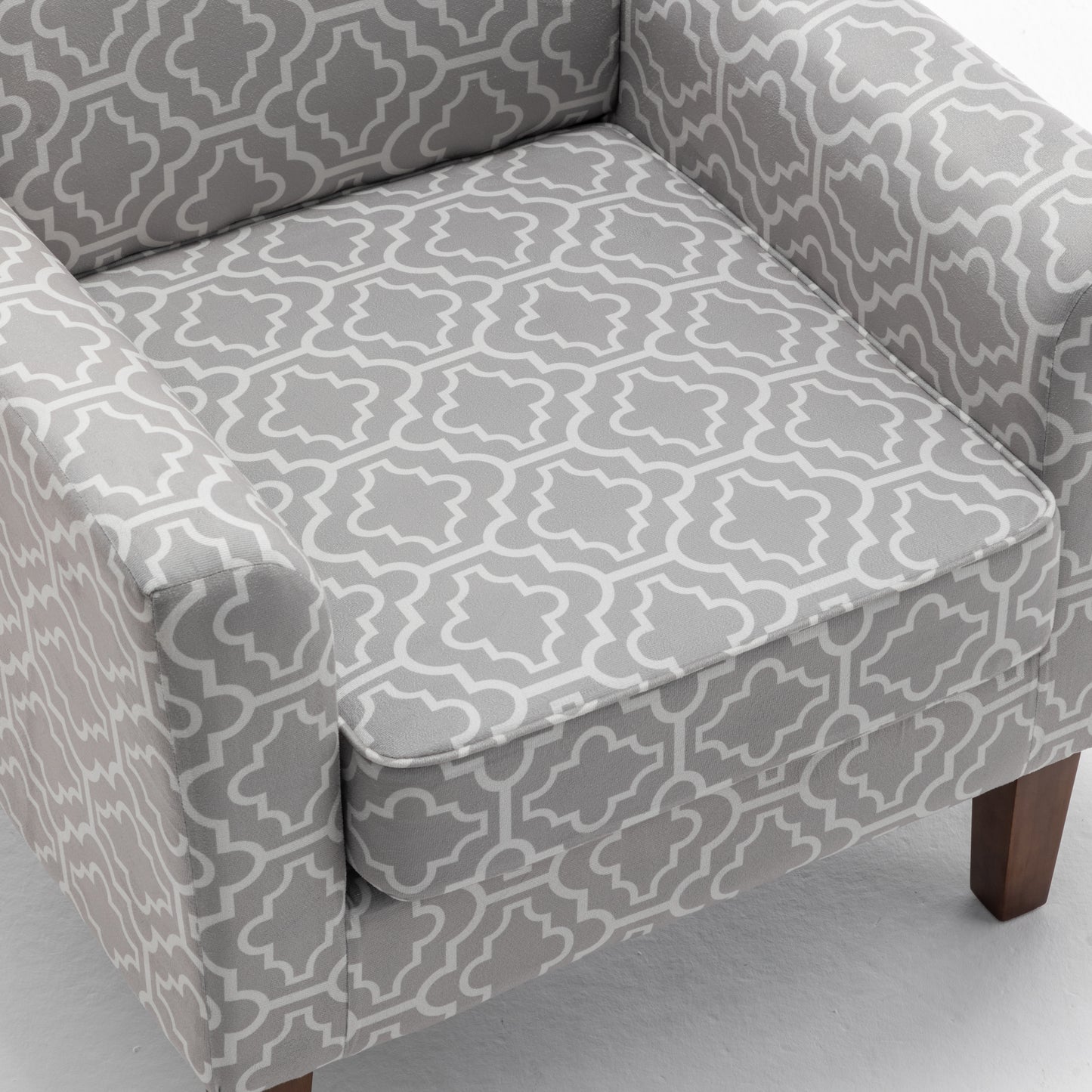 Patterned Polyester Blend Armchair, Solid Birch Wood Frame With Brown Tapered Legs, Foam Padded Accent Chair With Trim Detail For Living Room Office