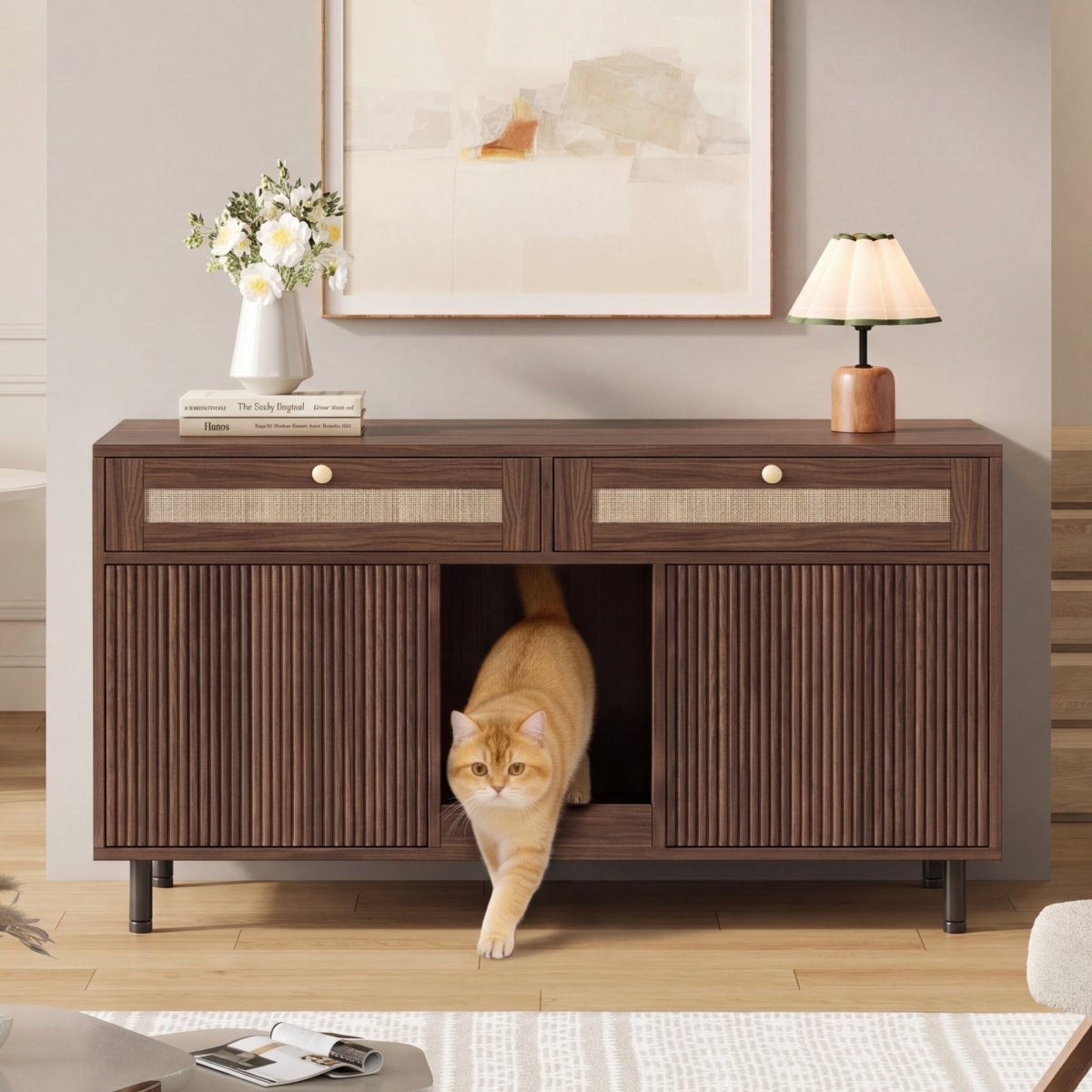 Cat Litter Box Cabinet With Sand Trap Mat, Cat Cabinet For Litter Box, Pet Cabinet With Rattan Drawers, Pet Sideboard TV Cabinet, Without Litter Box, Walnut Colors, 120x50x65 Cm