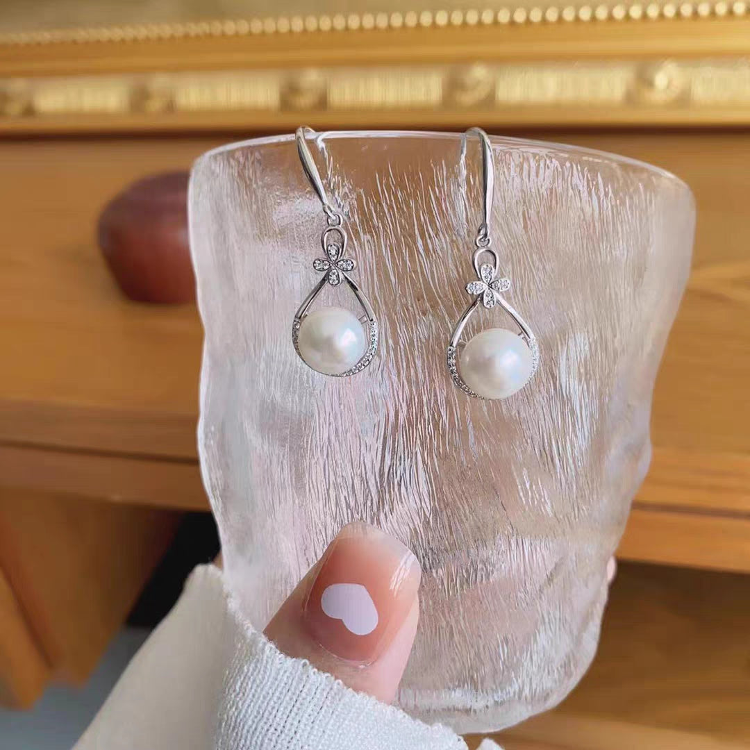 1 Pair 999 Sterling Silver Zircon Flame-shaped Pearl Drop Earrings, Elegant & Slimming, Perfect For Daily, Party & Dating, Ideal Valentine's Gift