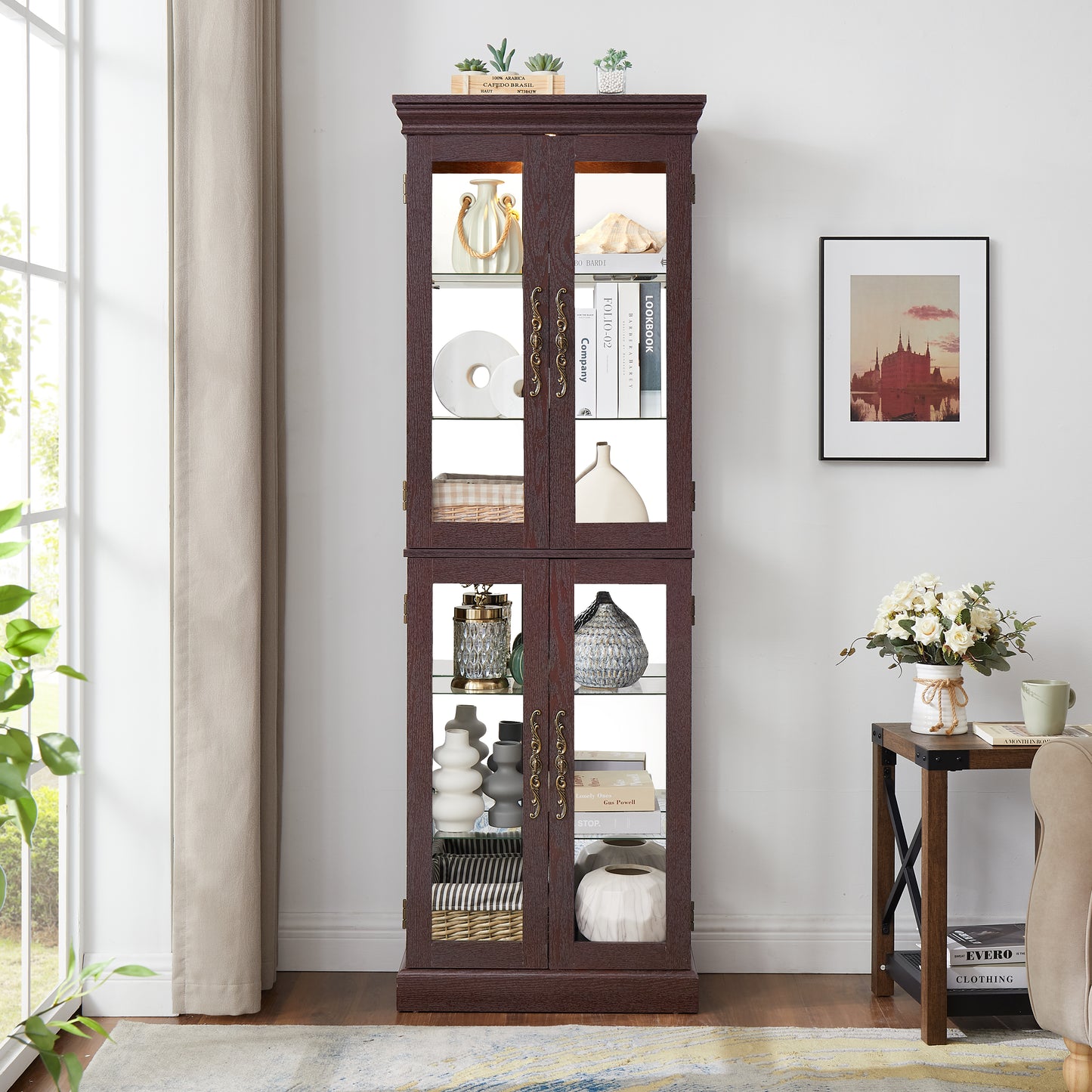 Lighted Glass Curio Display Cabinet,Display Cabinet,Glass Storage Cabinet Glass Wine Cabinet Wood Frame Toy Display For Living Room, Kitchen, Pantry Light Bulb Included Dark Cherry