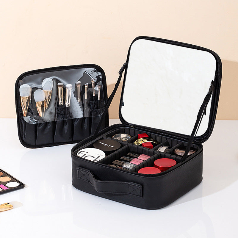 Makeup Bag With Mirror And Light Rechargeable PU Leather Travel Storage Box