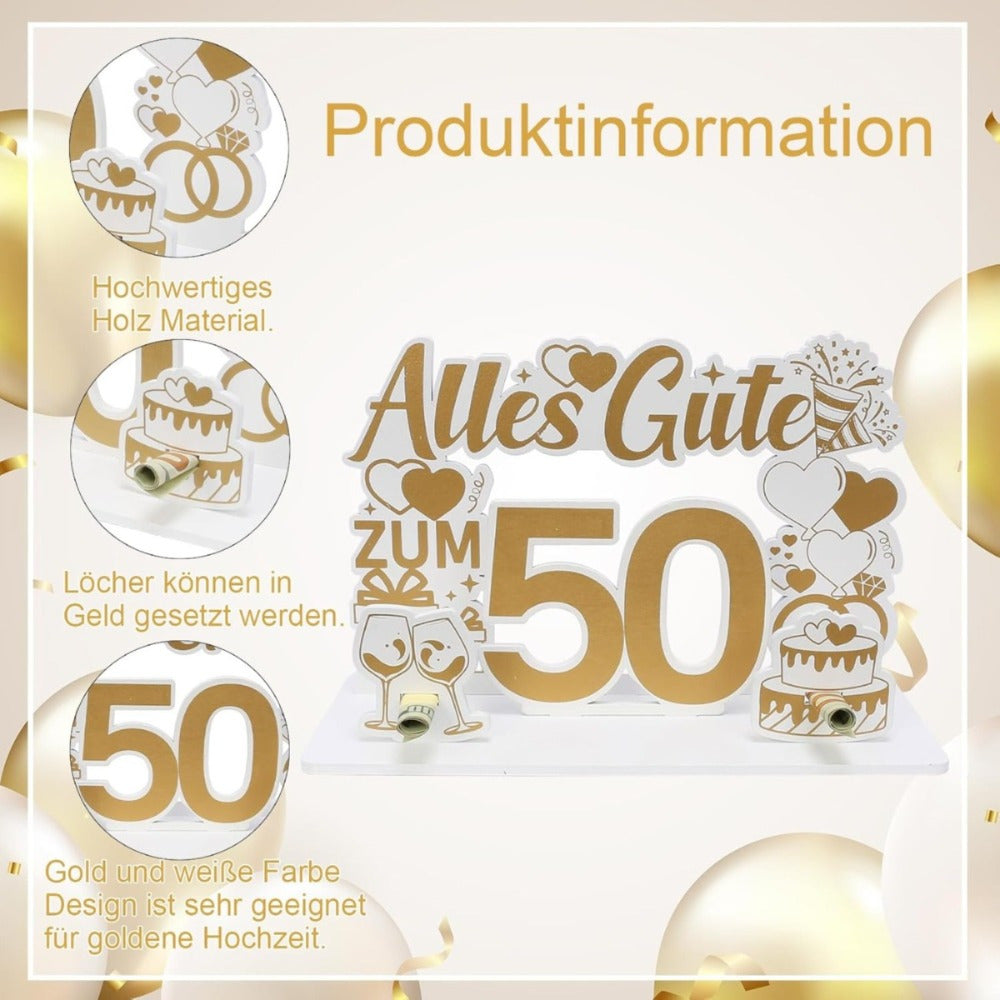 Golden Wedding Anniversary Money Gift—50th Wedding Anniversary Wooden Money Gift With An Elegant Pattern, Ideal As A Table Decoration & Gift For The Anniversary—Party Decorations