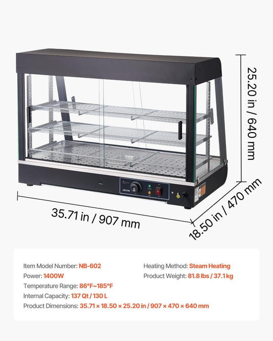 3-Tier Commercial Food Warmer Display, 1400W Food Display Warmer With LED Light, Top Storage And Adjustable Shelves, 86℉~185℉ Steam Heating, 137Qt/130L For Hamburger, Pizza, Bread, Fried Chicken