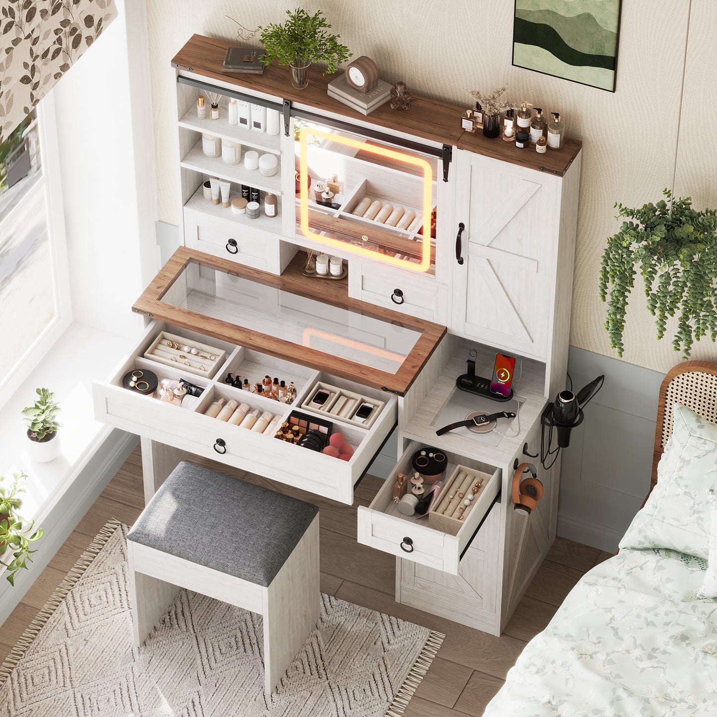 Farmhouse Vanity Desk With Sliding Mirror And Lights, Vanity Set With Glass Top And Charging Station ,Dressing Table With 4 Drawers And 2 Cabinets, Dressing Table With Stool For Bedroom, White