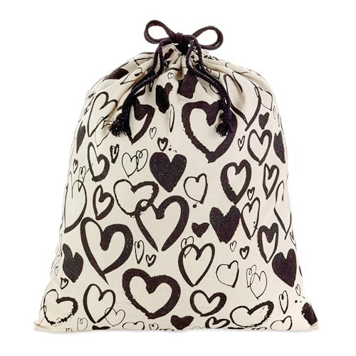 Hallmark 19" Large Canvas Bag with Drawstring (Ivory with Black Hearts) for Valentine's Day, Weddings, Bridal Showers, Ann...