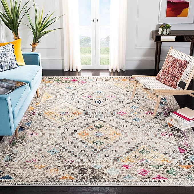SAFAVIEH Madison Collection Area Rug - 5' Square, Grey & Yellow, Boho Diamond Distressed Design, Non-Shedding & Easy Care,...