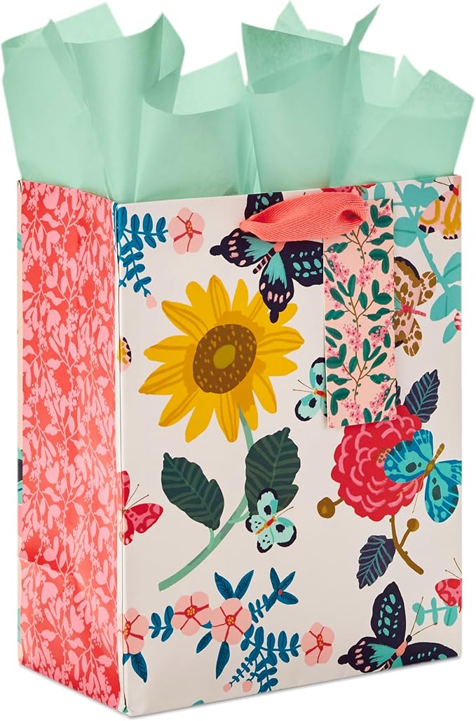 Hallmark 9" Medium Gift Bag with Tissue Paper (Bright Flowers) for Valentine's Day, Easter, Birthdays, Bridal Showers, Wed...