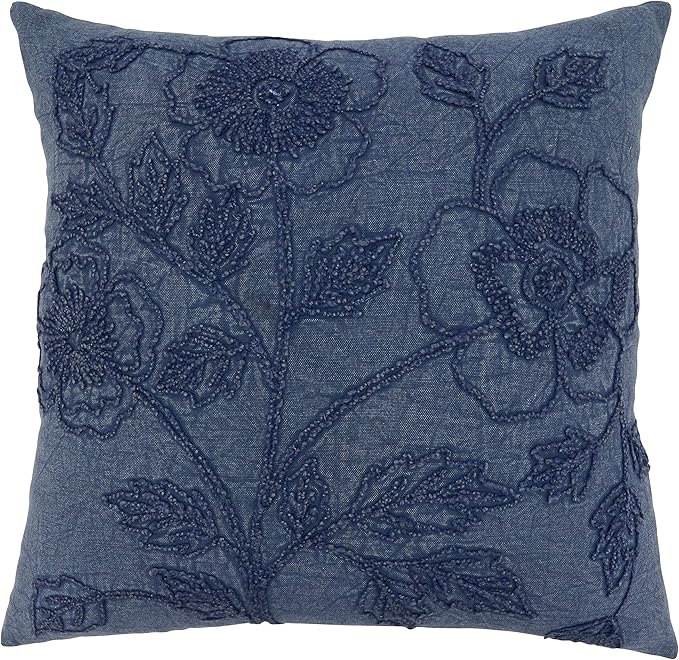 SARO LIFESTYLE Genevieve Collection Stone Washed Floral Pillow Cover, 20", Denim