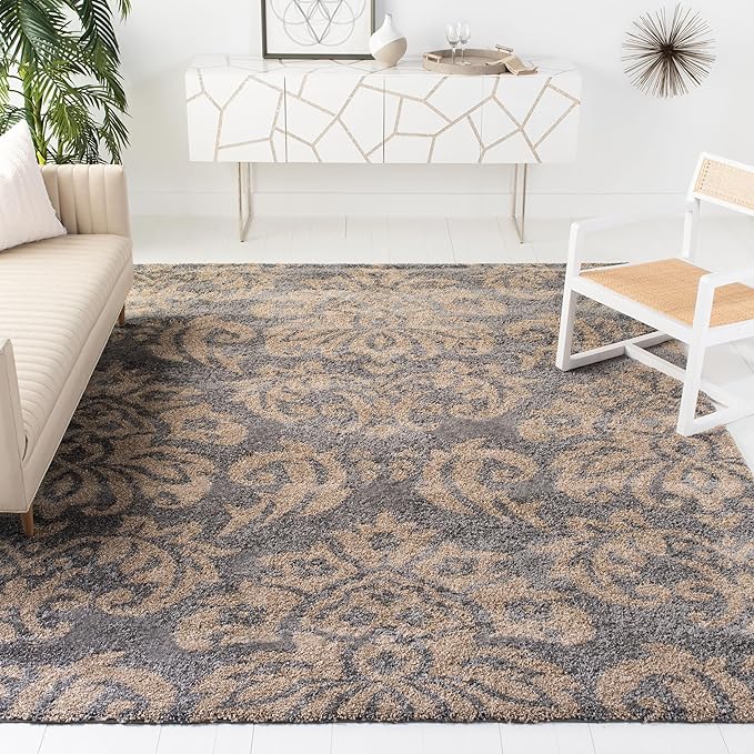 SAFAVIEH Florida Shag Collection Area Rug - 8'6" x 12', Grey & Beige, Damask Design, Non-Shedding & Easy Care, 1.2-inch Th...
