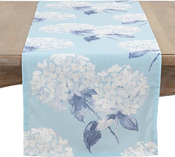 SARO LIFESTYLE Printed Hydrangea Table Runner, Aqua, 16" x 90"