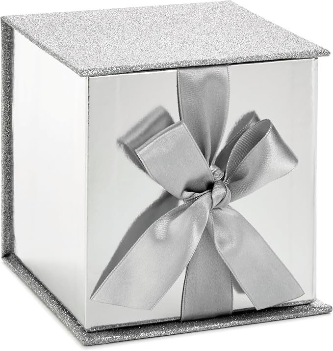 Hallmark Small Gift Box with Bow and Shredded Paper Fill (Silver Signature 4 inch Gift Box with Glitter) for Weddings, Gra...