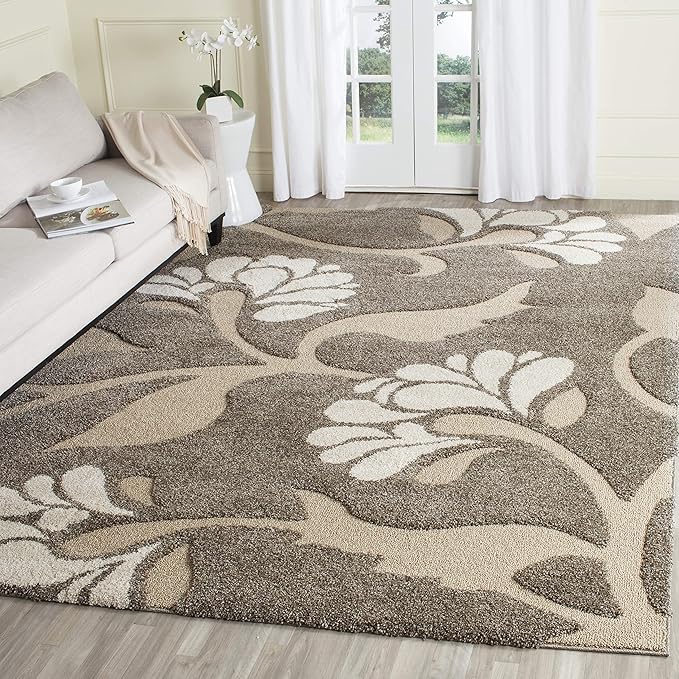SAFAVIEH Area Rug 8x10 - Florida Shag Collection - Large - Smoke & Beige, Floral Design, Non-Shedding & Easy Cleaning, Plu...
