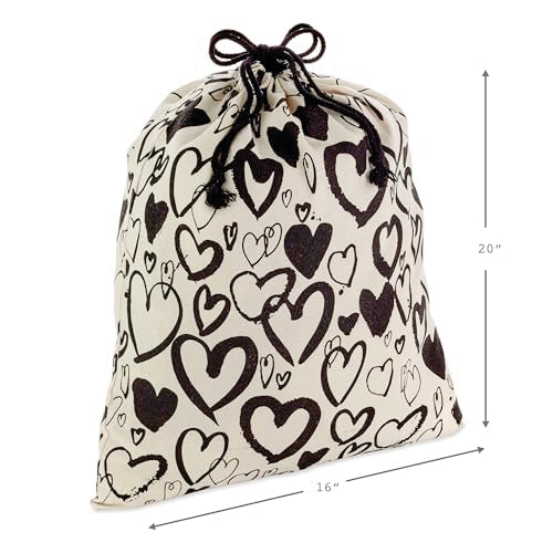 Hallmark 19" Large Canvas Bag with Drawstring (Ivory with Black Hearts) for Valentine's Day, Weddings, Bridal Showers, Ann...