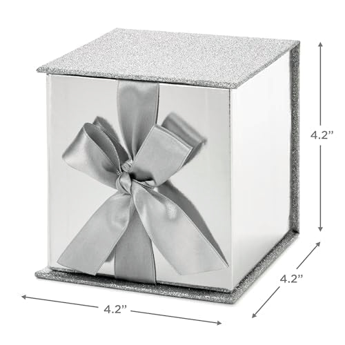 Hallmark Small Gift Box with Bow and Shredded Paper Fill (Silver Signature 4 inch Gift Box with Glitter) for Weddings, Gra...