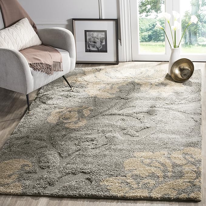 SAFAVIEH Florida Shag Collection Area Rug - 8'6" x 12', Grey & Beige, Floral Design, Non-Shedding & Easy Care, 1.2-inch Th...