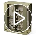 pickpiff Jewelry Box Organizer for Women: 360 Rotating Vertical Storage Case, Black Leather with Blush Velvet, Ring Neckla...
