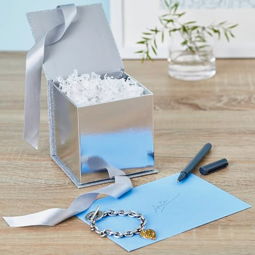 Hallmark Small Gift Box with Bow and Shredded Paper Fill (Silver Signature 4 inch Gift Box with Glitter) for Weddings, Gra...