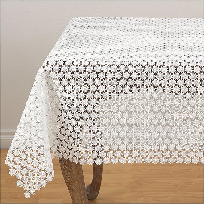 SARO LIFESTYLE Thea Dora Collection Openwork Floral Antique Style LaceTable Topper, 54", Ivory