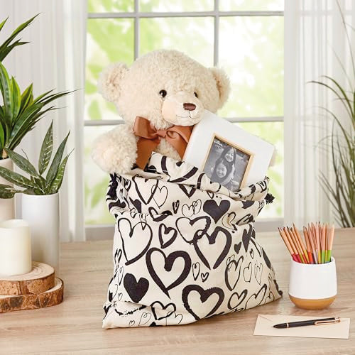 Hallmark 19" Large Canvas Bag with Drawstring (Ivory with Black Hearts) for Valentine's Day, Weddings, Bridal Showers, Ann...