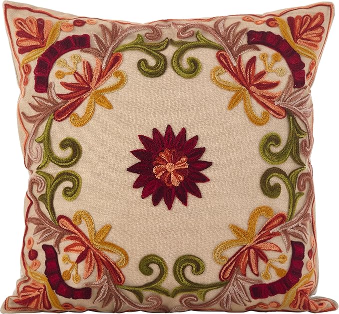 SARO LIFESTYLE Embroidered Floral Design Cotton Poly Filled Throw Pillow, 18", Multi