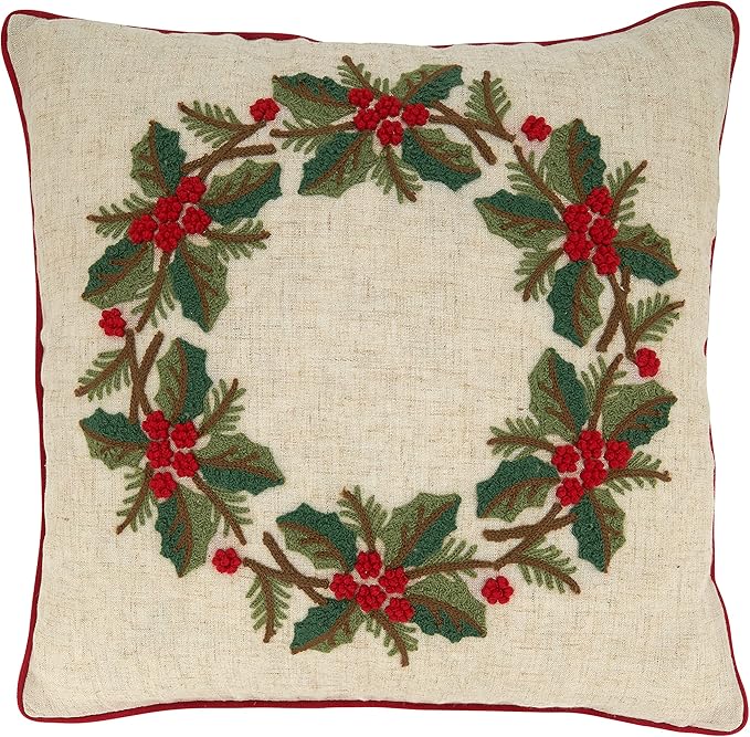 SARO LIFESTYLE Collection Holly Wreath Pillow Cover, 18", Multi
