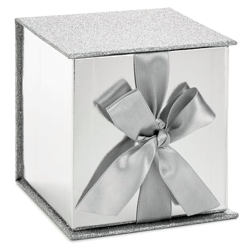 Hallmark Small Gift Box with Bow and Shredded Paper Fill (Silver Signature 4 inch Gift Box with Glitter) for Weddings, Gra...