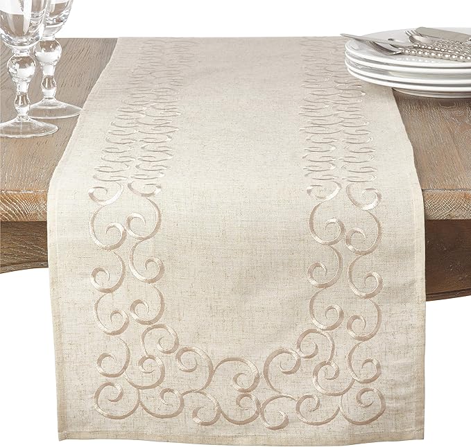 SARO LIFESTYLE Swirling Collection Embroidered Design Linen Blend Table Runner, 16" x 90", Natural
