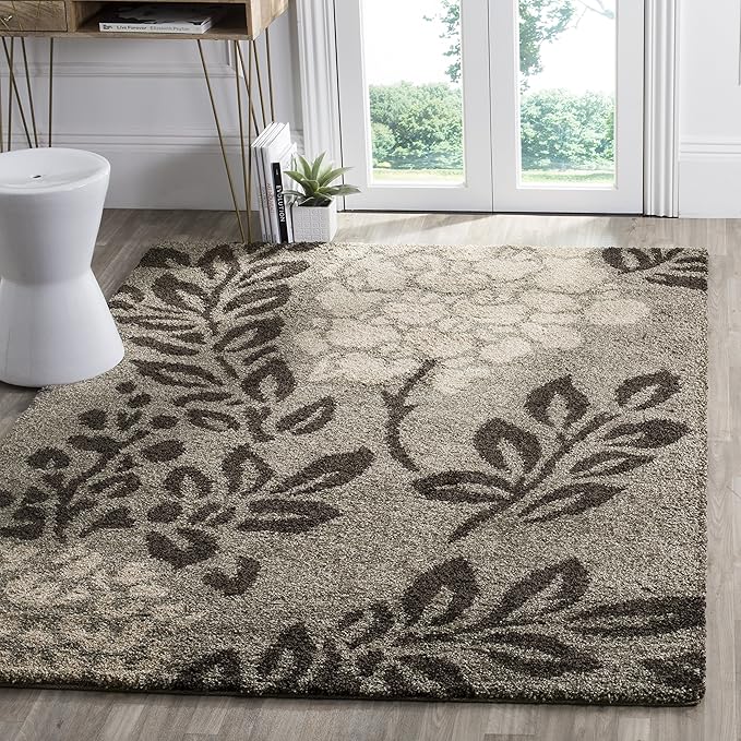 SAFAVIEH Florida Shag Collection Area Rug - 5'3" x 7'6", Smoke & Dark Brown, Floral Design, Non-Shedding & Easy Care, 1.2-...