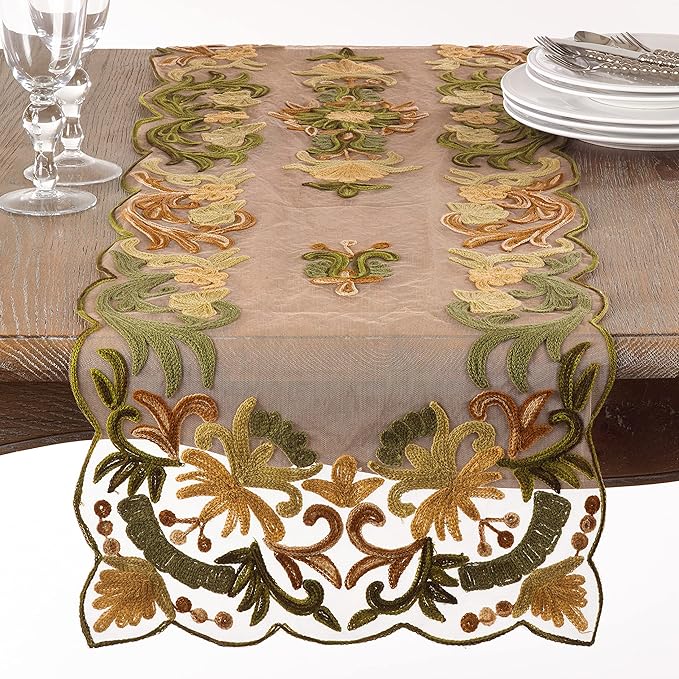 SARO LIFESTYLE AN01.G1672B Alessandra Collection Embroidered Runner, Green, 16"x72"