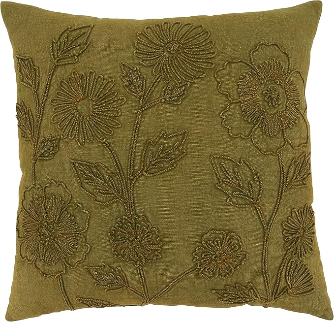 SARO LIFESTYLE Genevieve Collection Stone Washed Floral Pillow Cover, 20", Green