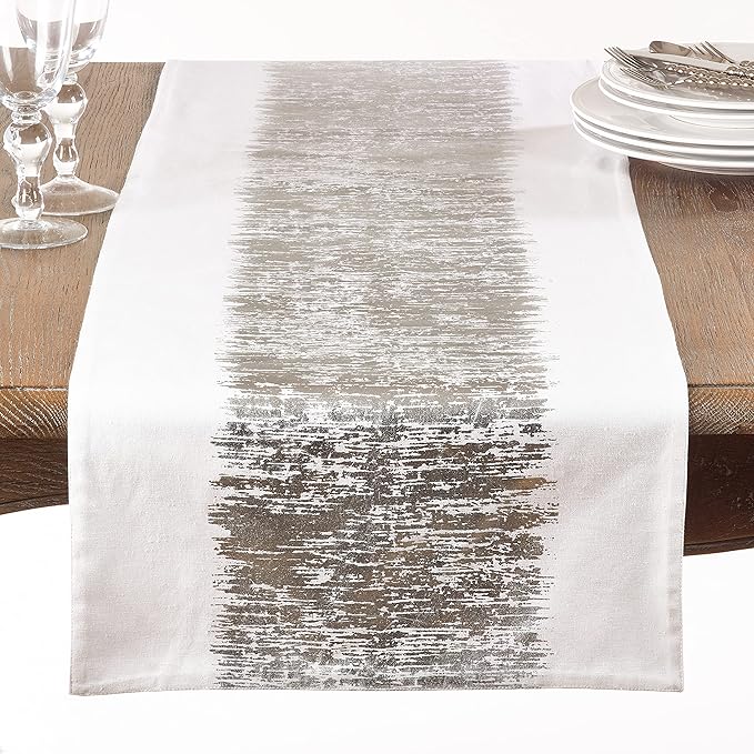 SARO LIFESTYLE Agatha Collection Metallic Banded Design Cotton Table Runner, 16" x 90", Silver