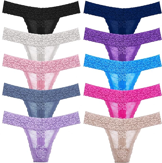 WKFIINM Pack 6 High Waisted Lace Thong for Women Cotton Underwear Plus Size High Rise Retro Tummy Control Thongs Panties