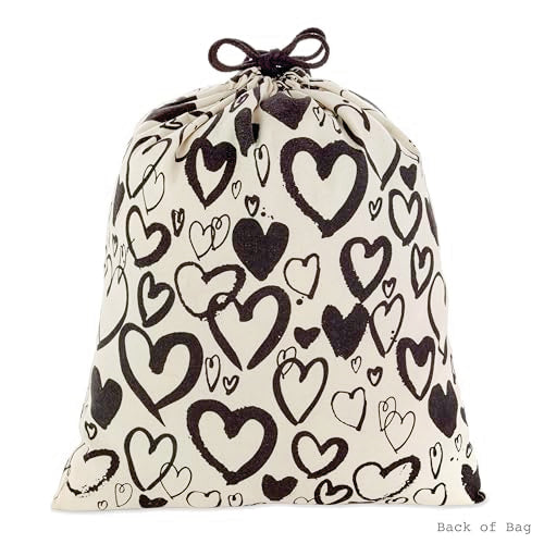 Hallmark 19" Large Canvas Bag with Drawstring (Ivory with Black Hearts) for Valentine's Day, Weddings, Bridal Showers, Ann...
