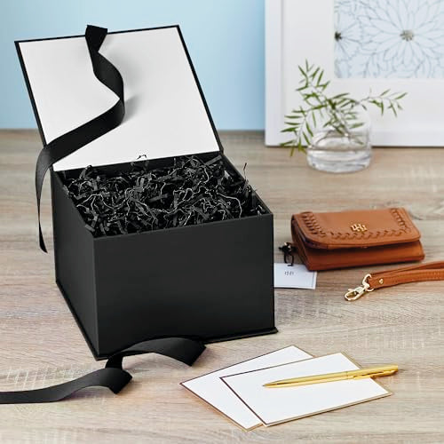 Hallmark Medium Gift Box with Lid and Shredded Paper Fill (Black 7 inch Box) for Weddings, Graduations, Birthdays, Father'...