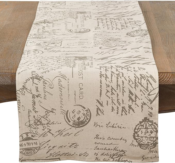 SARO LIFESTYLE Aidy Collection Vintage Script Print Design Table Runner, 16" x 108", Natural